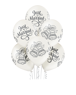 Lateksballonger (6stk): "Just Married" & Bryllupsklokker - 30cm - Pearl (Metallic)
