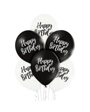 Lateksballonger (6stk): "Happy Birthday" - 30cm - Hvit & Svart (Pastel)