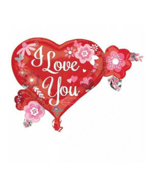 Folieballong: "I Love You" - Hjerte med Blomster - 68 x 50cm