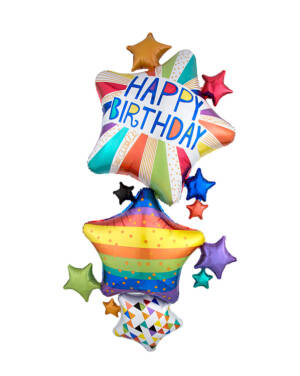 Folieballong: "Happy Birthday" - Stjerner - Flerfarget - 93 x 170cm