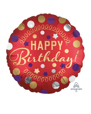 Folieballong: "Happy Birthday" - Rød med prikker - 43cm