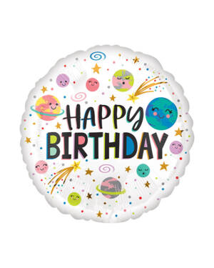 Folieballong: "Happy Birthday" - Planeter - 43cm