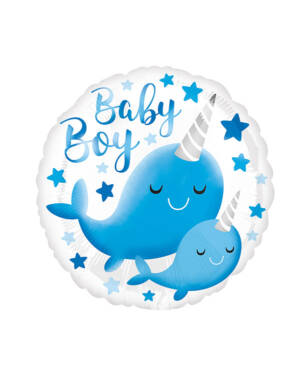 Folieballong: "Baby Boy" - Hval - Enhjørning - Narhval & Stjerner - 43cm