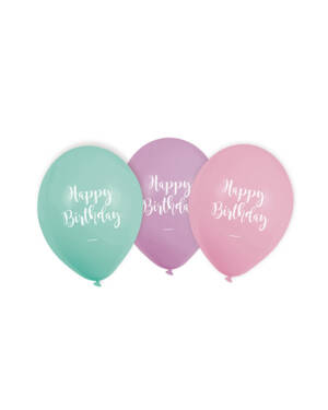 Lateksballonger (6stk): "Happy Birthday" - Pastel - 22,8cm