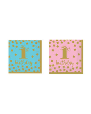 Servietter (16stk): "1st Birthday" - Flere farger - 25cm