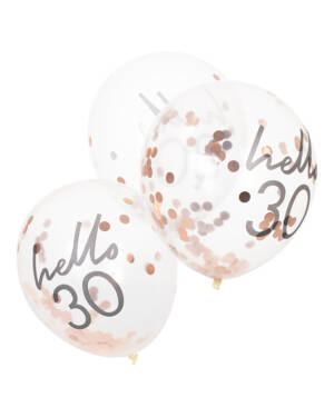 Lateksballonger / Konfettiballonger (5stk): "Hello 30" & Rosegull Konfetti - 30cm