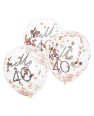 Lateksballonger / Konfettiballonger (5stk): "Hello 40" & Rosegull Konfetti - 30cm