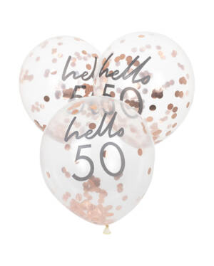 Lateksballonger / Konfettiballonger (5stk): "Hello 50" & Rosegull Konfetti - 30cm