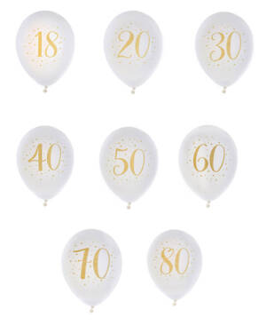 Lateksballonger (8stk): Ulike tall - Gull & Hvit - 23cm