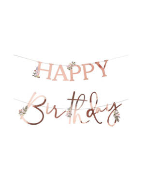 Banner / Girlander:"Happy Birthday" med blomster - Rosegull - 2 x 2m