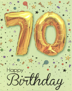 Kort: "70" & "Happy Birthday" - Ballong - Gull