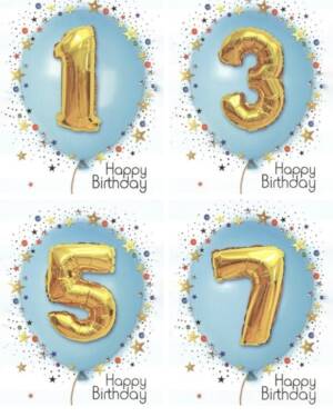 Kort: "Happy Birthday" Ulike tall - Ballong - Blå & Gull