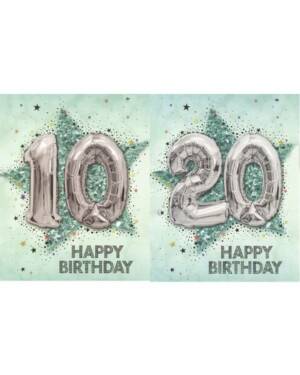 Kort: "Happy Birthday" - Ulike tall - Stjerne & Ballong - Sølv & Sølv
