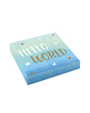 Servietter (16stk): "Hello World" / Oh baby Hjerter og stjerner ombre blå - 16,5cm