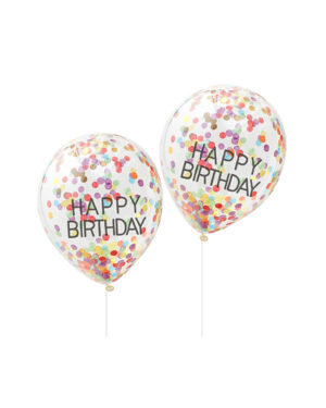 Lateksballonger / Konfettiballonger (5stk): "Happy Birthday" - Fargerik konfetti - 30cm