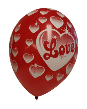 Lateksballonger (50stk): "Love" skrevet i hjerte - 30cm