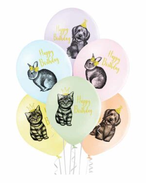 Lateksballonger (6stk): "Happy Birthday" & Bursdagsdyr - 30cm