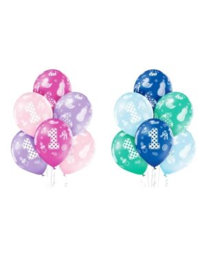 Lateksballonger (6stk): "1" med motiver - Gutt/Jente - 30cm