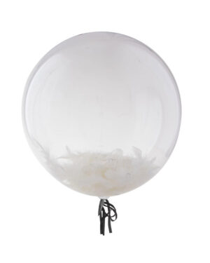 Lateksballong: Transparent med hvite fjær - 46cm