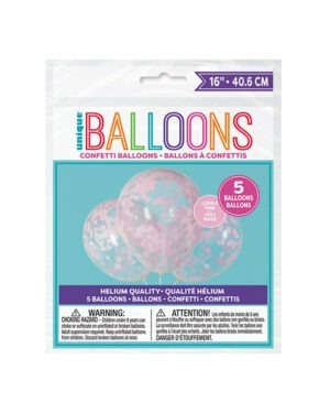 Lateksballonger / Konfettiballonger (5stk): Hjerter - Gjennomsiktig - Flere konfetti farger - 41cm