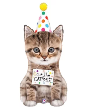 Folieballong: "cue the catfetti" - Katt med festhatt - 91cm