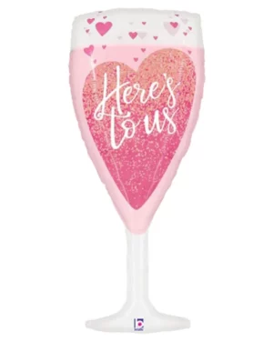 Folieballong: "Here's to us" bobblende hjerter i glass - Hvit og rosa - 79cm