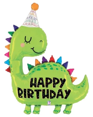 Folieballong: "Happy Birthday" dinosaur med festhatt - 97 cm