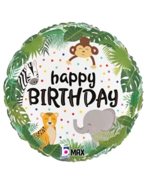 Folieballong: "Happy birthday" med dyr og blader - Fargerik - 45 cm