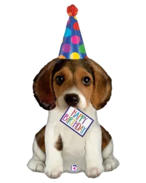 Folieballong: "Happy Birthday" - Hund med festhatt - 104cm