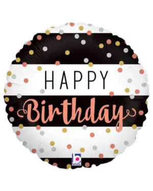 Folieballong: "Happy Birthday" med striper & glitter - Svart & Hvit - 46cm