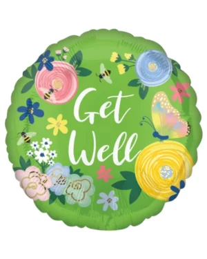 Folieballong: "Get Well" med blomster - 45cm