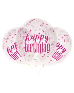 Lateksballonger (6stk): "Happy Birthday" - Konfetti - Rosa & sølv - 30cm