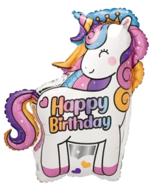 Folieballong: "Happy Birthday" - Unicorn med krone - Fargerik - 91cm