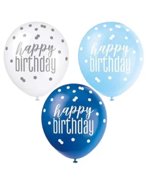 Lateksballonger (6stk): "Happy birthday" - Blå & Sølv Glitz - 30 cm