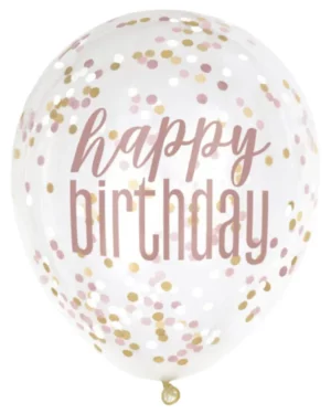 Lateksballonger (6stk): "Happy Birthday" med konfetti - Rosegull - 30cm