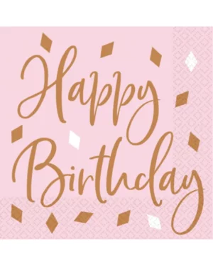 Servietter (16stk): "Happy Birthday" med diamantformer - Rosegull - 16,5 x 16,5 cm