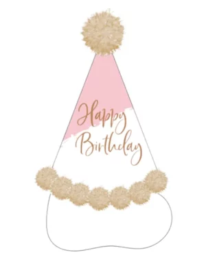 Partyhatt: "Happy Birthday" med dusker - Rosa & Hvit - 20 cm