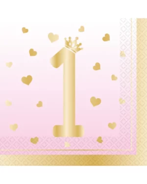 Servietter (16stk): "1" med krone - Rosa Ombre - 16,5cm