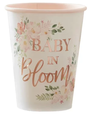 Kopper (8stk): "Baby in Bloom" - Blomster - Hvit, Rosegull - 9cm H x 8cm B