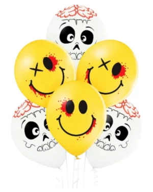 Lateksballonger (6stk): Smilende emoticon & hodeskaller