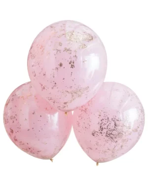 Lateksballonger  (3stk): Dobbel lags konfettiballonger - Rosa med gull glitter - lys rosa - 45cm