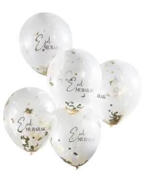 Konfettiballonger (5stk): Eid - "Eid mubarak" måne og stjerner konfetti - Gjennomsiktig - 30cm