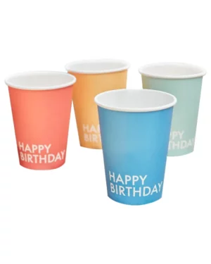 Kopper (8stk): "Happy Birthday" - Pastel - Fargerik - 9cm H x 8cm B