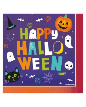 Servietter (16stk): "Happy Halloween" - Gresskar & Spøkelser - Oransje & Blå - 16cm