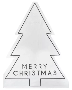 Servietter (16stk): "Merry Christmas" - Formet som et tre - Svart & Hvit - 17x12cm