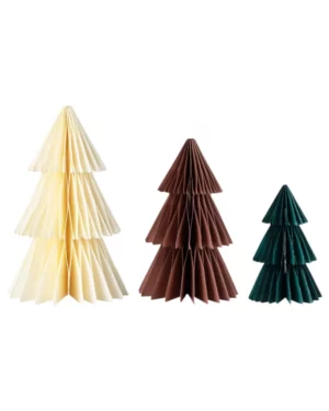 Hengende dekor / Honeycombs (3stk): Juletre - Brun, Grønn & Kremfarget - 12x7,5cm/16x10cm/20x12,6cm