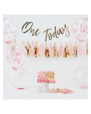 Dekorasjonssett: "One Today" Partyhatt, tassels & konfettiballonger - Rosa & Gull