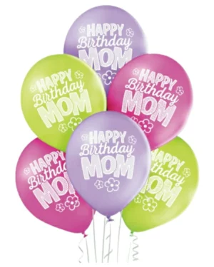 Lateksballonger (6stk):''Happy birtday mom'' med blomster- 30cm