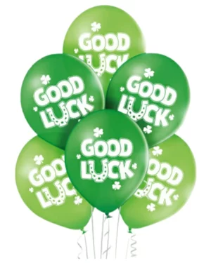 Lateksballonger (6stk): "good luck" med kløver - Grønn - 30cm