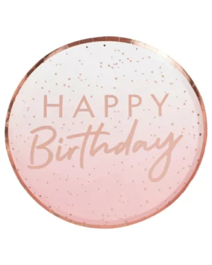 Tallerkener (8stk): "Happy birthday" med Prikker - Rosegull - 24cm